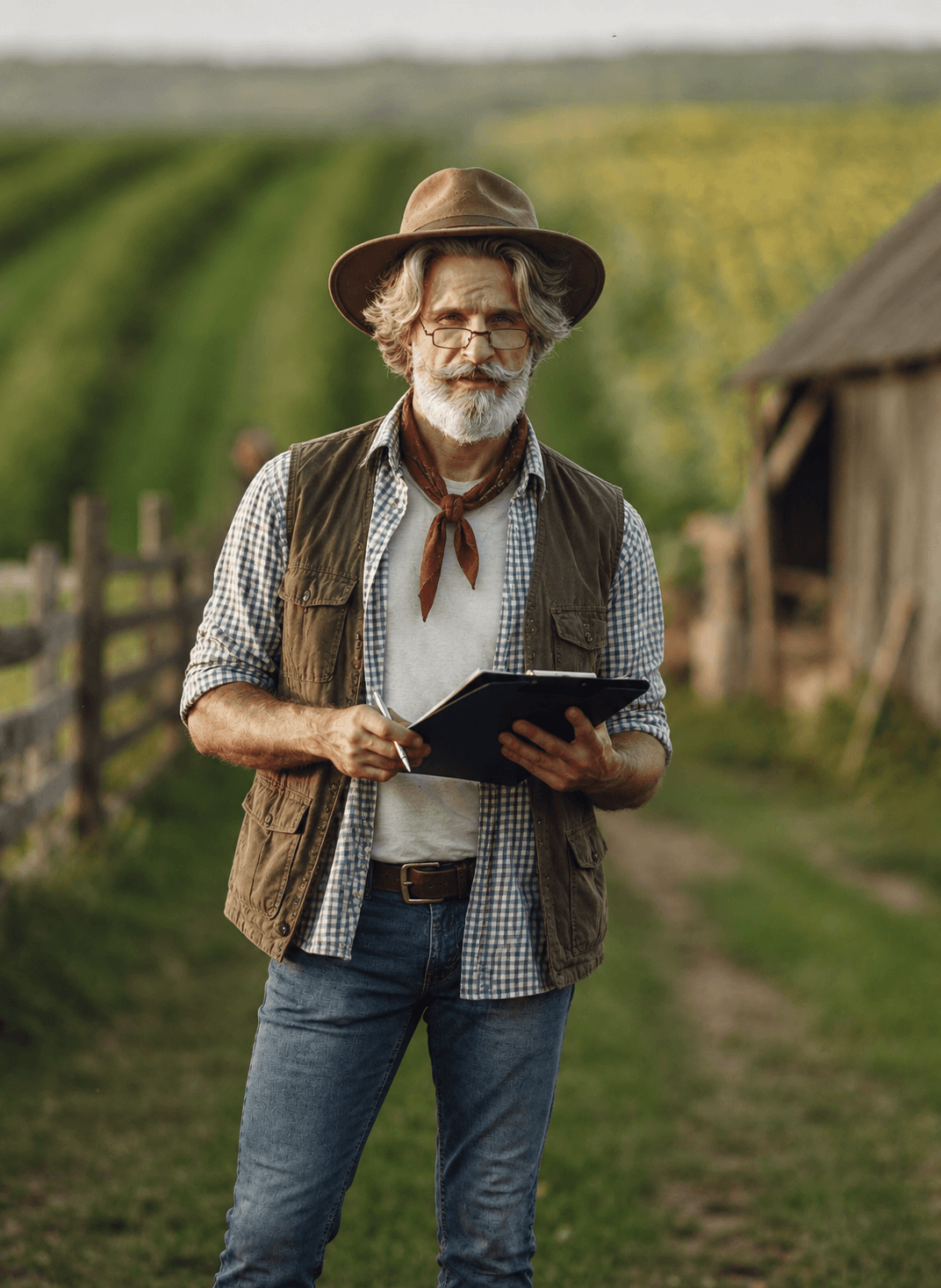 Produtor rural utilizando um tablet em meio à lavoura ao entardecer
