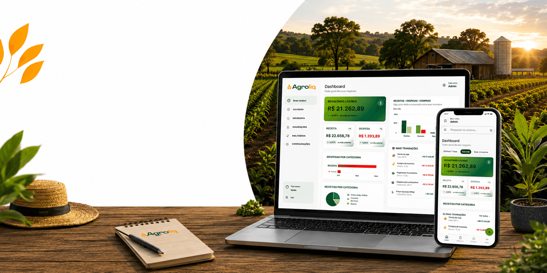 Produtor rural usando software de gestão financeira Agroliq em laptop com plantação ao fundo
